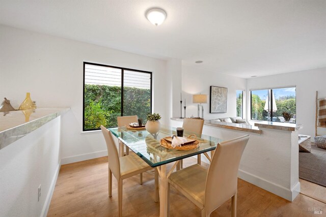 dining area with a healthy amount of sunlight, light wood-style flooring, and baseboards