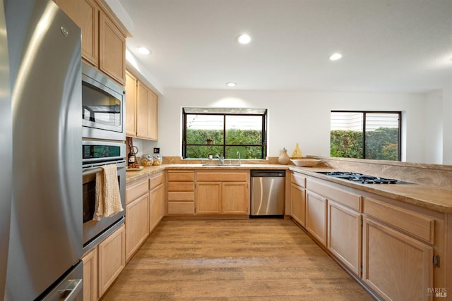 kitchen with appliances with stainless steel finishes, light countertops, a healthy amount of sunlight, and light brown cabinetry