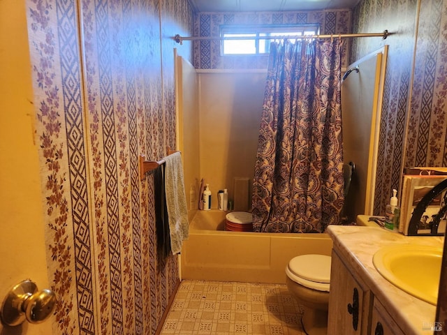 full bath with tile patterned floors, toilet, shower / bathtub combination with curtain, and vanity