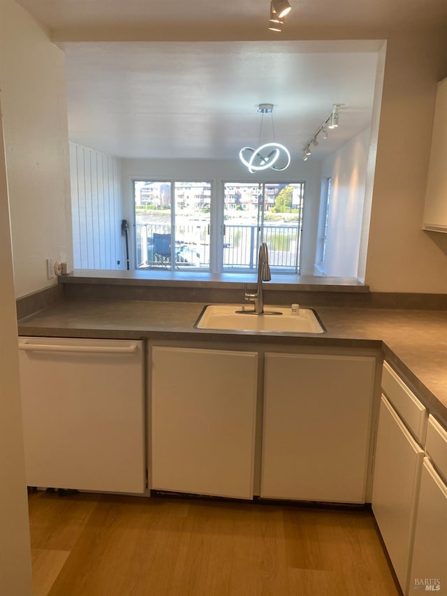 kitchen featuring a sink, dark countertops, dishwasher, and wood finished floors