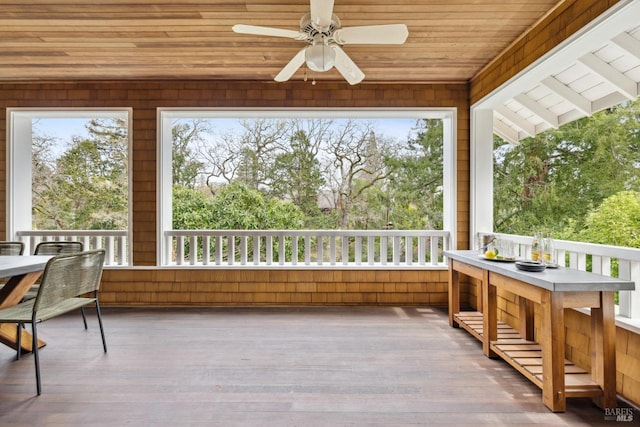 sunroom / solarium featuring wood ceiling and a ceiling fan