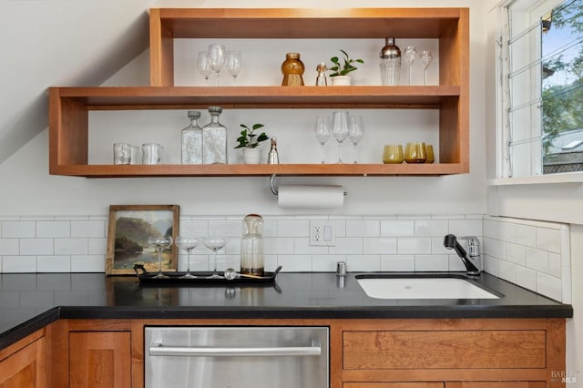 bar featuring dishwasher, a dry bar, a sink, and decorative backsplash