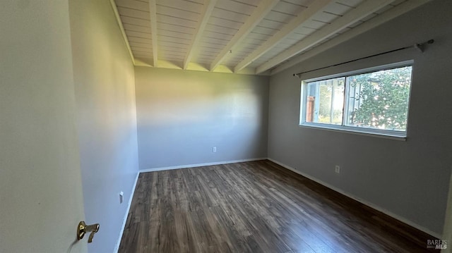 spare room with dark wood-type flooring, wooden ceiling, lofted ceiling with beams, and baseboards