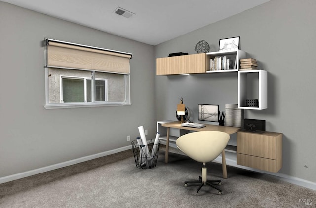 office featuring vaulted ceiling, carpet, visible vents, and baseboards