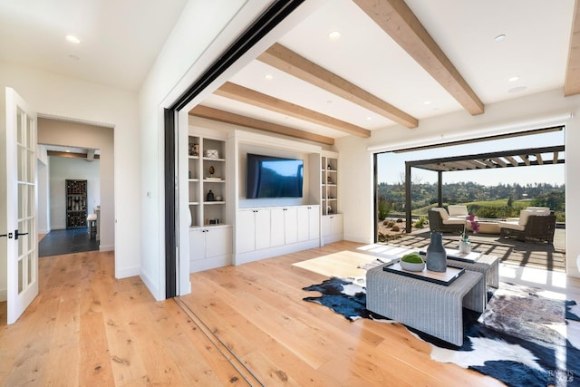 living room with french doors, recessed lighting, light wood-style floors, beamed ceiling, and baseboards