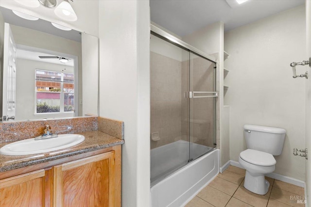 bathroom featuring ceiling fan, tile patterned flooring, toilet, vanity, and baseboards