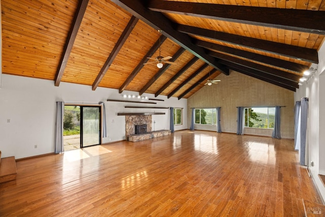 unfurnished living room with plenty of natural light, high vaulted ceiling, a fireplace, and wood finished floors