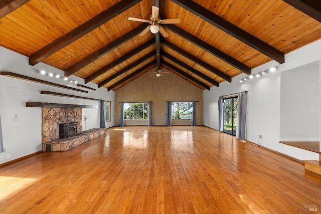 unfurnished living room with high vaulted ceiling, wood ceiling, beam ceiling, and wood finished floors