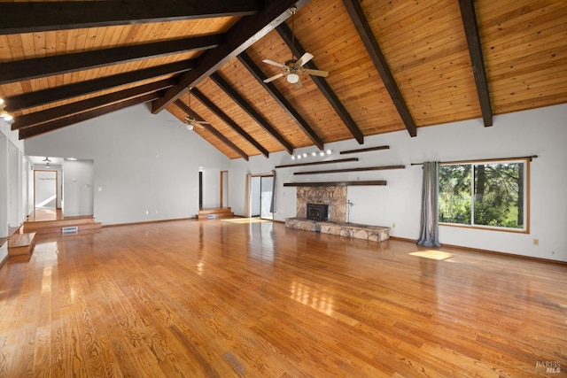 unfurnished living room with visible vents, wood ceiling, ceiling fan, wood finished floors, and a fireplace