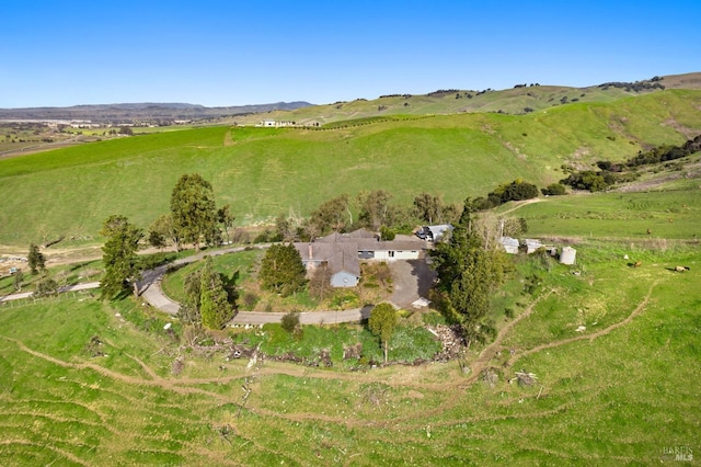 birds eye view of property featuring a rural view and a mountain view