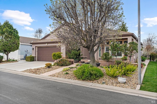 obstructed view of property with a garage, a tile roof, driveway, and stucco siding