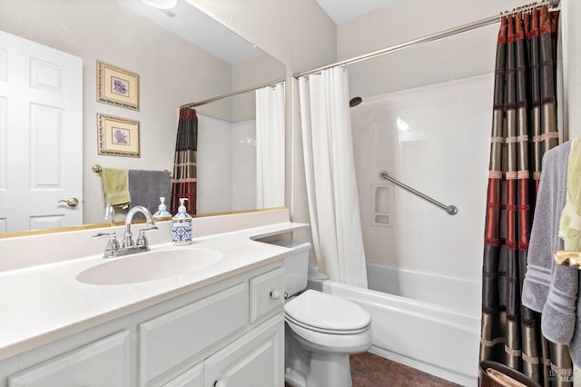 full bathroom featuring tile patterned floors, shower / bathtub combination with curtain, toilet, and vanity