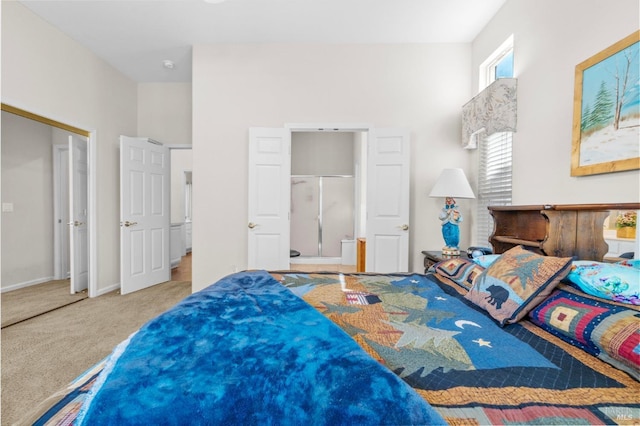 carpeted bedroom featuring a high ceiling and baseboards