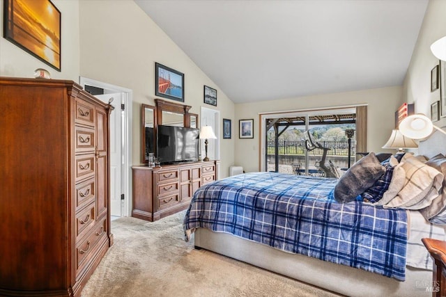 bedroom featuring high vaulted ceiling, light carpet, and access to outside