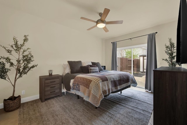 bedroom featuring a ceiling fan, access to outside, baseboards, and light tile patterned floors