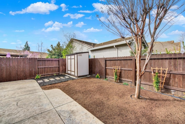 view of yard featuring an outbuilding, a patio, a storage unit, and a fenced backyard