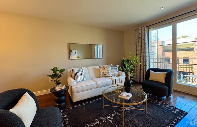 living area with baseboards, a wealth of natural light, and wood finished floors