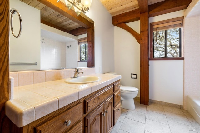 bathroom featuring wood ceiling, plenty of natural light, toilet, and beamed ceiling