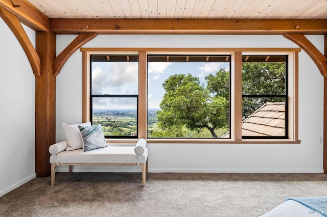 unfurnished room featuring carpet floors, wood ceiling, and baseboards