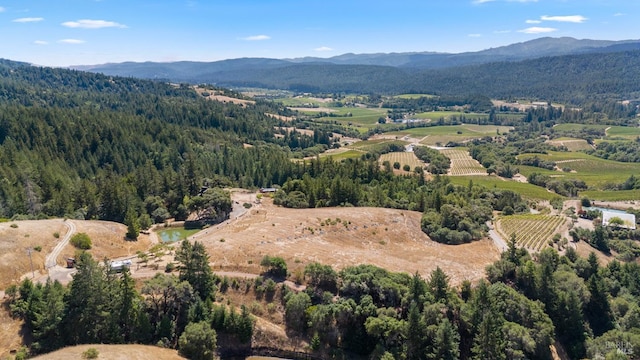 birds eye view of property featuring a wooded view and a mountain view