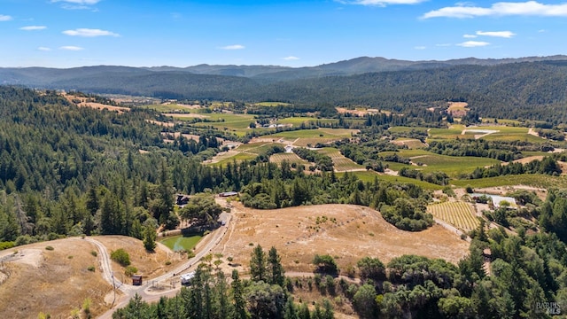 aerial view featuring a wooded view and a mountain view