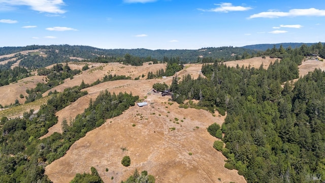 birds eye view of property featuring a wooded view