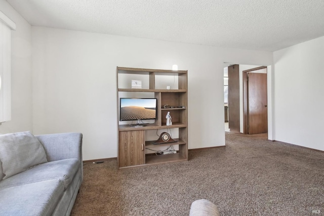 living area featuring carpet, baseboards, and a textured ceiling