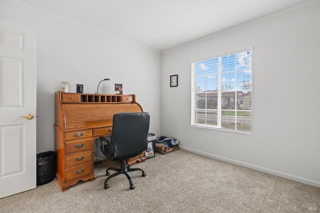 carpeted office space with baseboards and crown molding