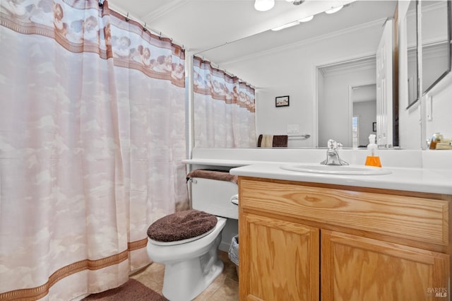 bathroom with tile patterned flooring, toilet, a shower with shower curtain, vanity, and ornamental molding