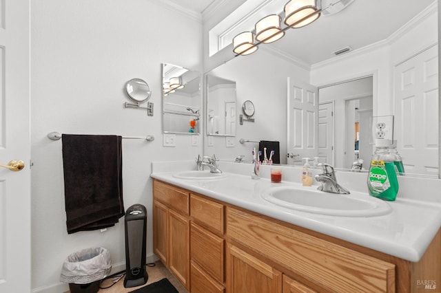 full bath with double vanity, visible vents, a sink, and ornamental molding