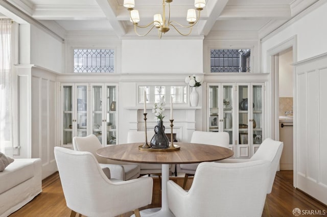 2401 Jackson St Unit 3, San Francisco, CA 94115 - dining room featuring coffered ceiling, a chandelier, beam ceiling, ornamental molding, and wood finished floors