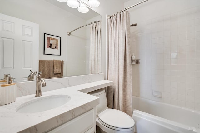 bathroom featuring shower / tub combo with curtain, vanity, and toilet