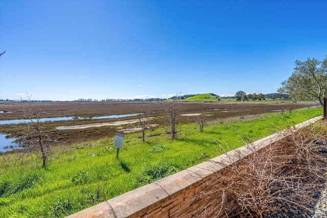 view of yard with a water view and a rural view