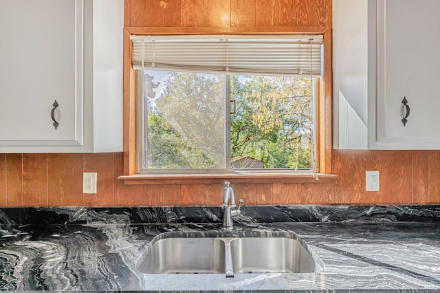 details featuring wooden walls, white cabinetry, a sink, and dark stone countertops