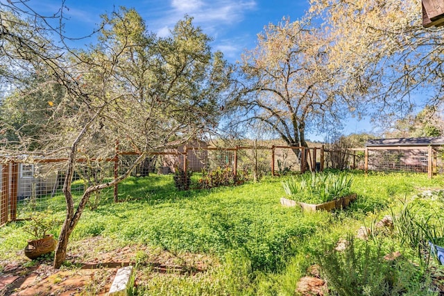 view of yard featuring fence and a vegetable garden