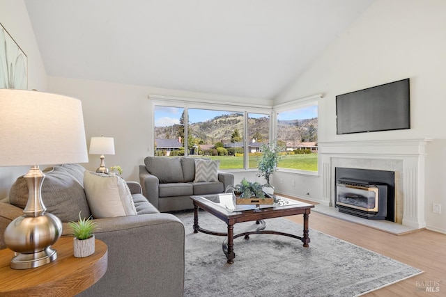 living area featuring light wood-type flooring, plenty of natural light, and vaulted ceiling