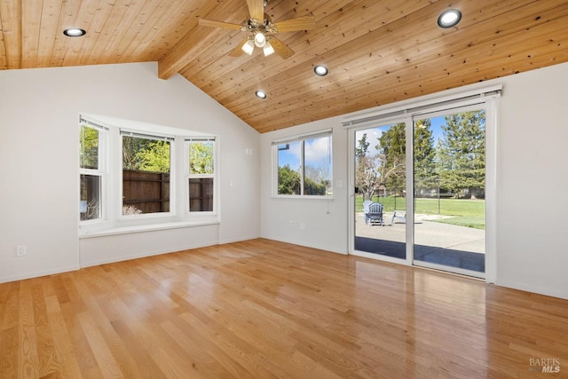 interior space with lofted ceiling with beams, wood ceiling, and a ceiling fan