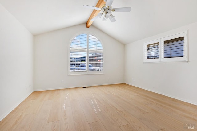 empty room with visible vents, lofted ceiling with beams, light wood-style floors, ceiling fan, and baseboards