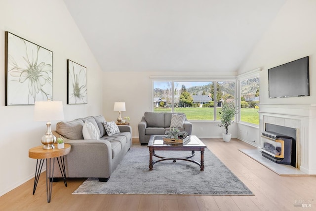 living room with vaulted ceiling, baseboards, and wood finished floors