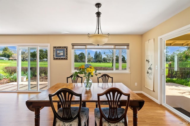 dining area with a wealth of natural light, baseboards, and light wood finished floors