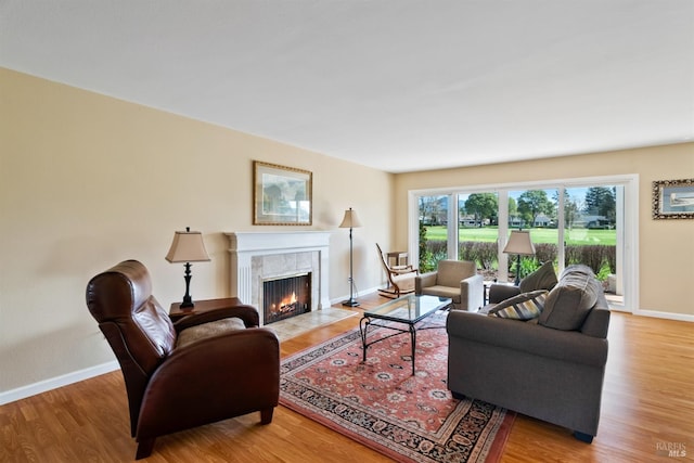 living area featuring baseboards, wood finished floors, and a fireplace