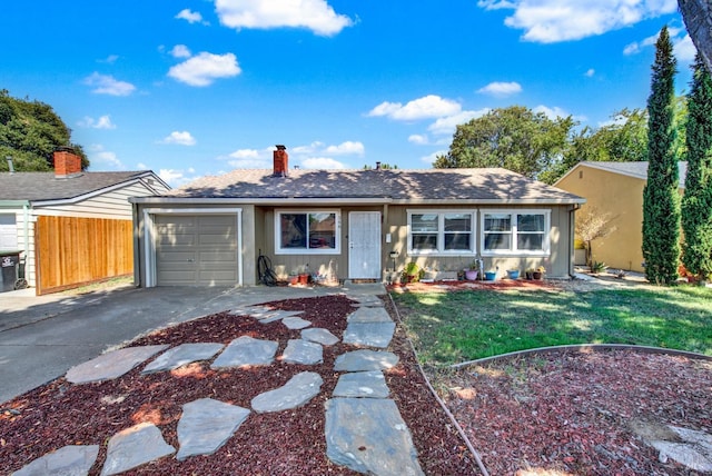 single story home featuring a front lawn, fence, concrete driveway, a garage, and a chimney