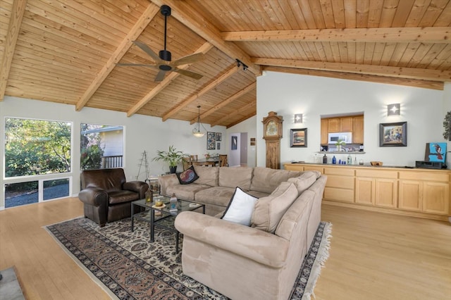 living room featuring beam ceiling, wooden ceiling, light wood-type flooring, and high vaulted ceiling