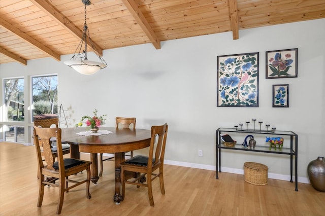 dining space with wooden ceiling, light wood-type flooring, lofted ceiling with beams, and baseboards