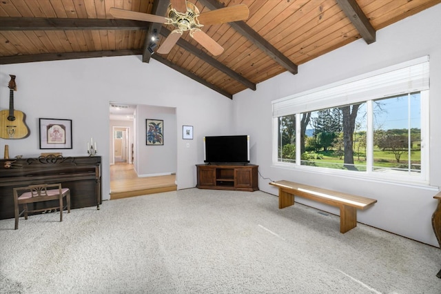 unfurnished living room featuring beam ceiling, carpet floors, wooden ceiling, and a ceiling fan