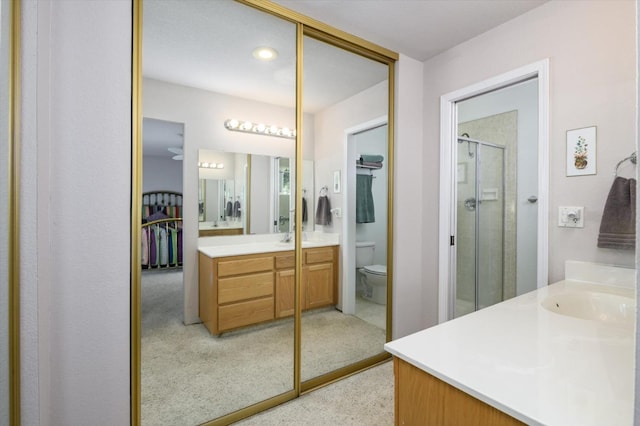 bathroom featuring vanity, a shower stall, and toilet