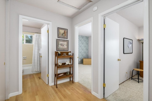 hall featuring attic access and light wood finished floors