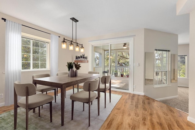 dining room with light wood-type flooring and baseboards