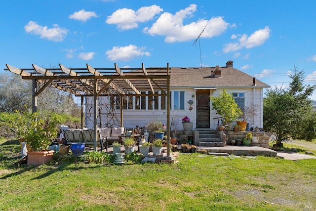 view of front of property featuring a shingled roof, an outdoor living space, a pergola, a front lawn, and a chimney