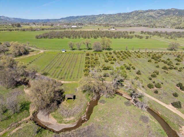 drone / aerial view featuring a mountain view and a rural view